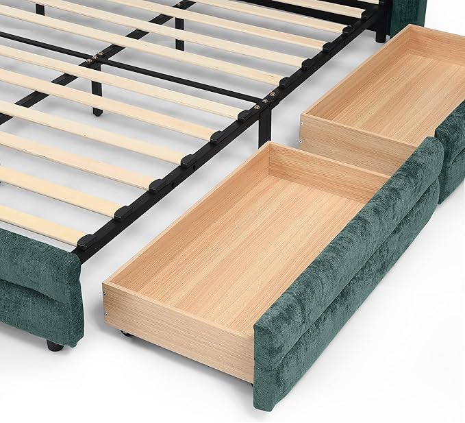 DEINPPA Queen Size Bed Frame with 4 Storage Drawers and Cloud Soft Headboard, Chenille Upholstered Grounded Wood Base Bed Frame, No Box Spring Needed-Blue+Green