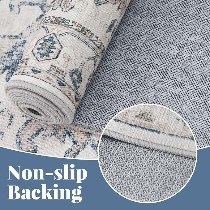 jinchan Lima Vintage Area Rug 3x5 for Entryway - Machine Washable Stain Resistant Non-Slip Low Pile Ultra-Thin Floral Print Indoor Rug for Kitchen Bedroom Living Room (3x5ft, Blue)