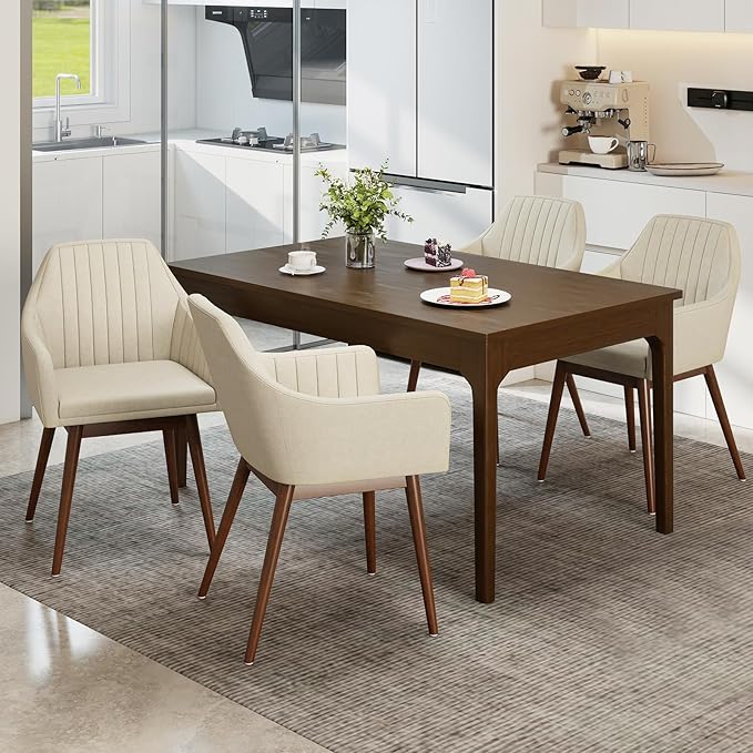 Giantex Upholstered Dining Chairs Set of 2, Mid Century Kitchen Chairs with Solid Wood Legs, Wrap-Around Backrest, Modern Accent Armchair for Living Room, Dining Room, Bedroom, Beige