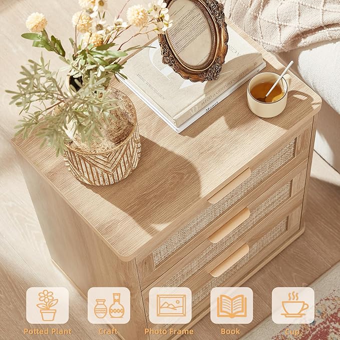 LEYAOYAO Rattan Dresser and Nightstand Sets 3, Boho Wood Dresser for Bedroom with 6 Drawers and Night Stand with 3 Drawer, Bedroom Furniture, Dressers & Chests of Drawers, Living Room, Hallway