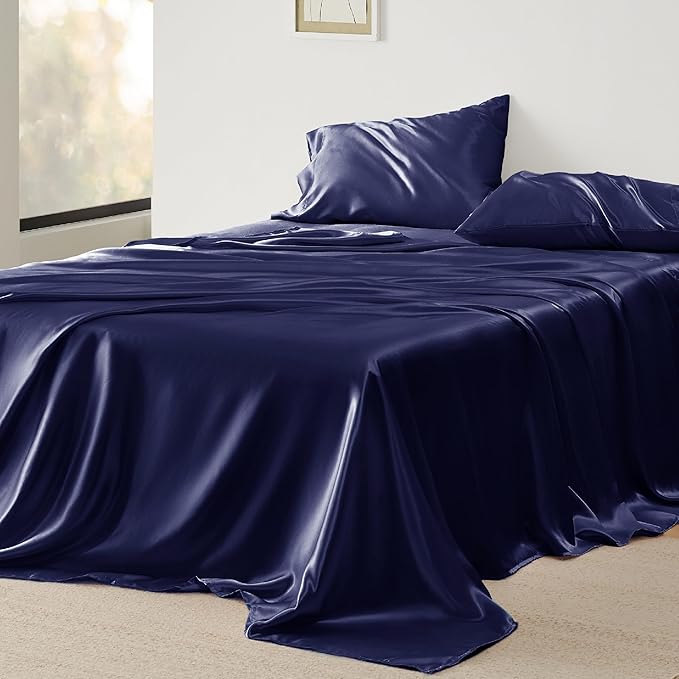 Bedsure Satin Sheets King Size - 4 Piece Silky Bedsheets with 15 Inches Deep Pocket Fitted Bedsheet,1 Flat Sheet, 2 Satin Pillowcases, Good for Hair & Skin (King, Navy)