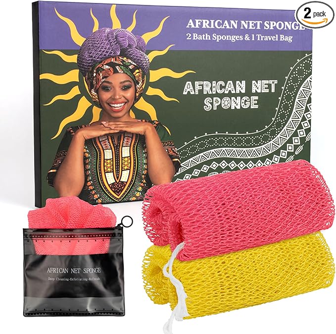 African Net Sponge Authentic with Handles (Set of 2), African Exfoliating Net Sponge, Exfoliating Body Scrubber Bath Sponge - Bathing Accessories with Storage Bag (Rose & Bright Yellow)