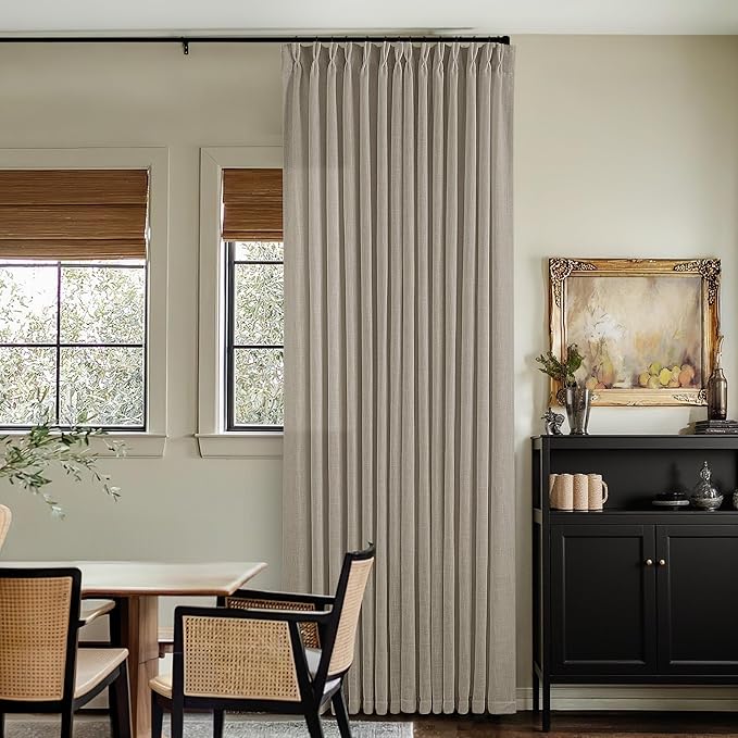 Burlywood Taupe Pinch Pleated Linen 108 Inch Curtains 60 Inch Width for Living Room Divider Light Filtering Semi Sheer Extra Wide Patio Curtains for Sliding Door Floor Ceiling Picture Window 60x108