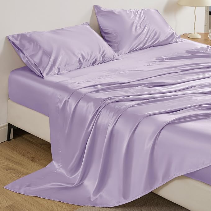 Bedsure Satin Sheets King Size - 4 Piece Silky Bedsheets with 15 Inches Deep Pocket Fitted Bedsheet,1 Flat Sheet, 2 Satin Pillowcases, Good for Hair & Skin (King, Lavender)