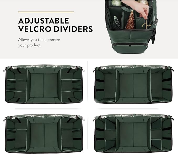 ZOBER All in One Christmas Ornament Storage Box & Decoration Container - Easy Access Removable Trays, Keeps 73 Ornaments - Adjustable Extent Area for Figurines and Pockets for Decoration - Green