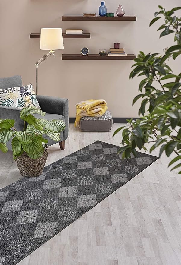 Custom Length Hallway Runner Rug,Slip Resistant,Squares Anthracite, 26 Inch X 4 feet, Doormat, Sold and Priced Per Foot