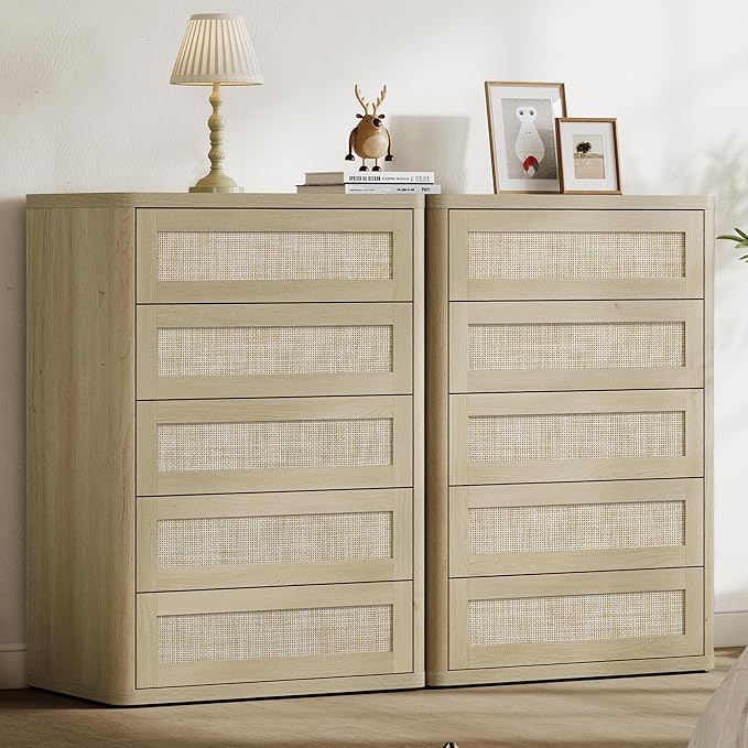 SICOTAS Tall Dresser for Bedroom - Rattan 5 Drawer Dressers Chest of Drawers with Push-to-Open Design, Boho Extra Deep Clothes Dresser with Large Storage for Closet, Living Room, Sand Oak, 2PCS