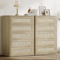 SICOTAS Tall Dresser for Bedroom - Rattan 5 Drawer Dressers Chest of Drawers with Push-to-Open Design, Boho Extra Deep Clothes Dresser with Large Storage for Closet, Living Room, Sand Oak, 2PCS