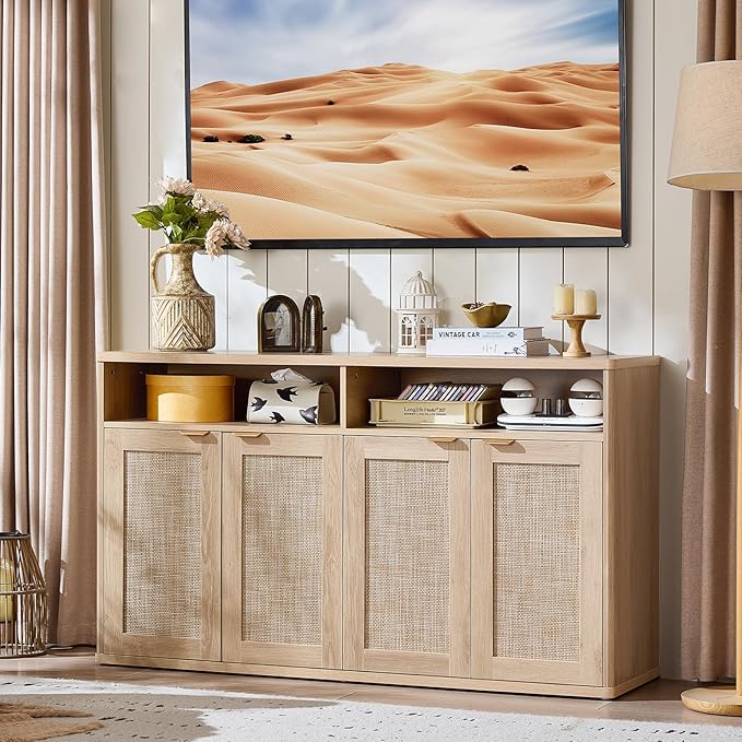 LEYAOYAO Rattan Sideboard Buffet Cabinet,55" Coffee Bar Cabinet with 4 Doors & Open Storage Shelf,Modern Credenza Console Table for Living Room Rattan Farmhouse Entryway Natural