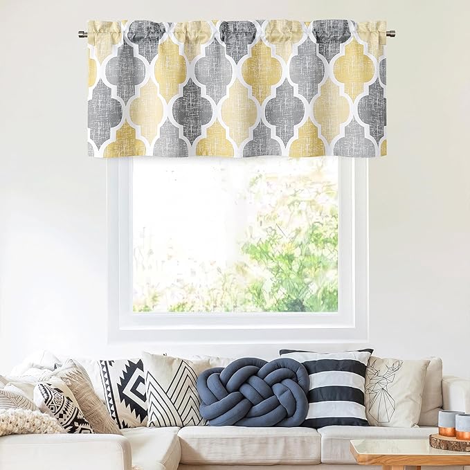 Beauoop Blackout Window Valances Curtains Geometric Quatrefoil Trellis Printed Room Darkening Thermal Insulated Rod Pocket Short Valance Curtains Cafe Bathroom, Yellow/Gray, 50" W x 18" L, 1 Panel