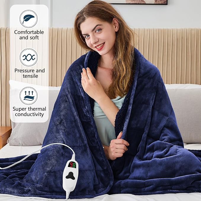 CYMULA Heated Weighted Blanket for Adults, Weighted Heated Blanket 48" x 72", 15lbs Sherpa Fleece Weighted Electric Blanket Soft Heating Blanket with 10 Heating Levels & 1-8 Hours Auto Off, Navy