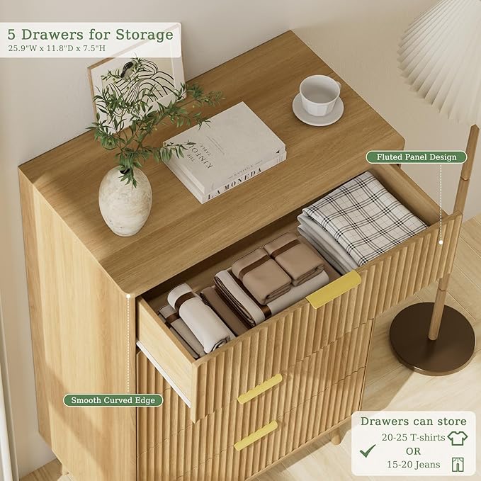 LYNSOM Fluted Dresser and Nightstand Sets 3 Piece, 5-Drawers Dresser and 1-Drawer Nightstands Set of 2, Wood Bedroom Furniture Set for Home, Bedroom, Hallway, Oak