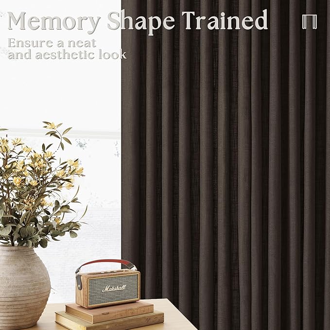 Dark Chocolate Pinch Pleated Linen Curtains 2 Panels for Living Room Bedroom Memory Training Shaped Semi Sheer Pleat Drapes with Hooks Rings Light Filtering Window Curtain 40x45