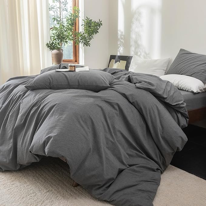FOSSA Duvet Cover Set 100% Washed Cotton Linen Feel Super Soft Breathable Cozy 3 Pieces Bedding Sets Solid Dark Grey Oversized King Plus