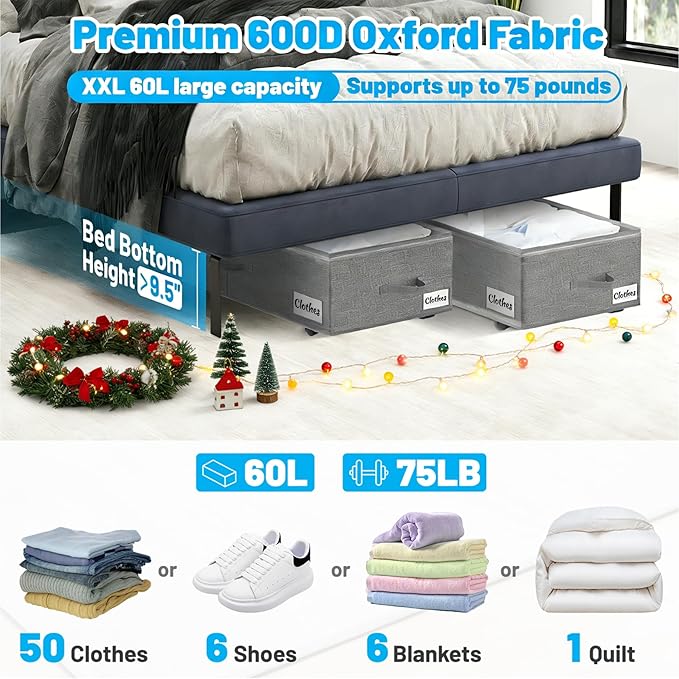 Under Bed Storage with Wheels, 2-Pack 10" Height XXL 60L Rolling Storage Bins, Quick Assembly Underbed Shoe Storage Containers with Clear Lid & Label, Dorm Under bed Drawers for Clothes, Shoes, Grey