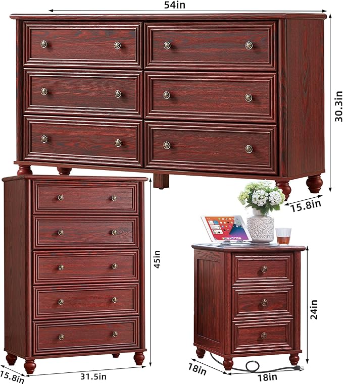Farmhouse Dressers & Night Stand Set of 4, Wood 54" Wide Dresser & 45" Tall Chest of Drawers, 18" with Charging Station Nightstand Set of 2, Bedroom Furniture Dresser Set for Home Living Room Hallway