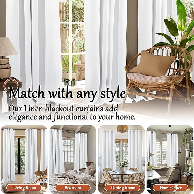 Short Blackout Curtains 45 Inch Length 2 Panels, Thermal Insulated Total Light Blocking Linen Window Curtains for Bedroom Basement Farmhouse Privacy Noise Reducing, Grommet, White, Each 52" Wide