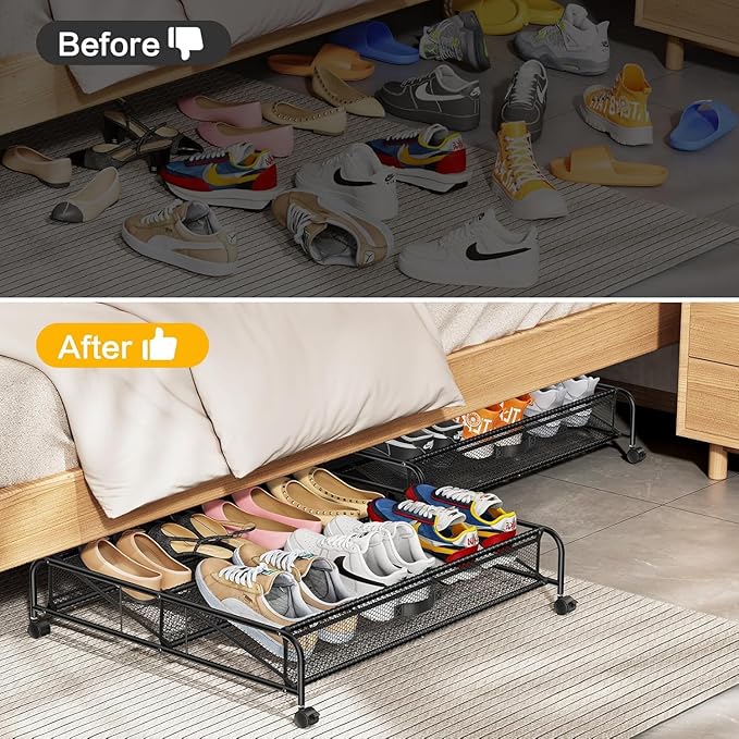 Under Bed Shoe Storage Organizer,1 Pack Shoe storage with Wheels for Shoe Organizer for Closet Drawer Space Saving for Bedroom