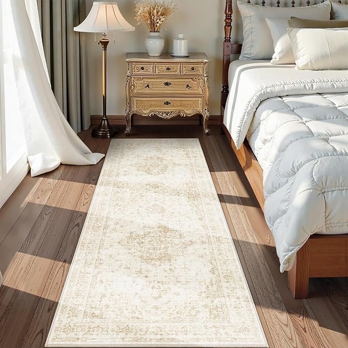 2x6 Hallway Washable Runner Rug Vintage Non-Slip Soft Kitchen Mat Boho Medallion Distressed Farmhouse Carpet Floral Low Pile Indoor Throw Rug for Entryway Bathroom Living Room Bedroom, Beige