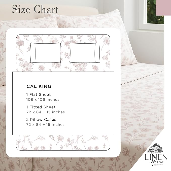 Linen Home 100% Cotton Printed Percale Sheets California King Size, Deep Pocket, 4 Pieces Set-1 Flat, 1 Deep Pocket Fitted Sheet and 2 Pillowcases, Crisp Cool Bed Linen, Mauve Botanical Floral