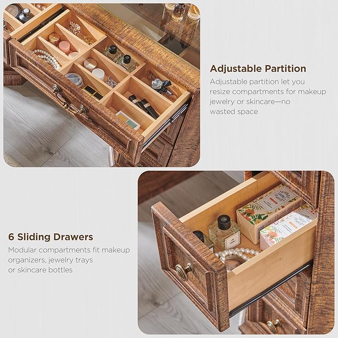 T4TREAM Makeup Vanity Desk with 48" HD Lighted Mirror, Farmhouse Vanity Desk with 8 Drawers, Vanity Table with 3 Color Modes, Dressing Table with Glass Top and Power for Bedroom(Reclaimed Barnwood)