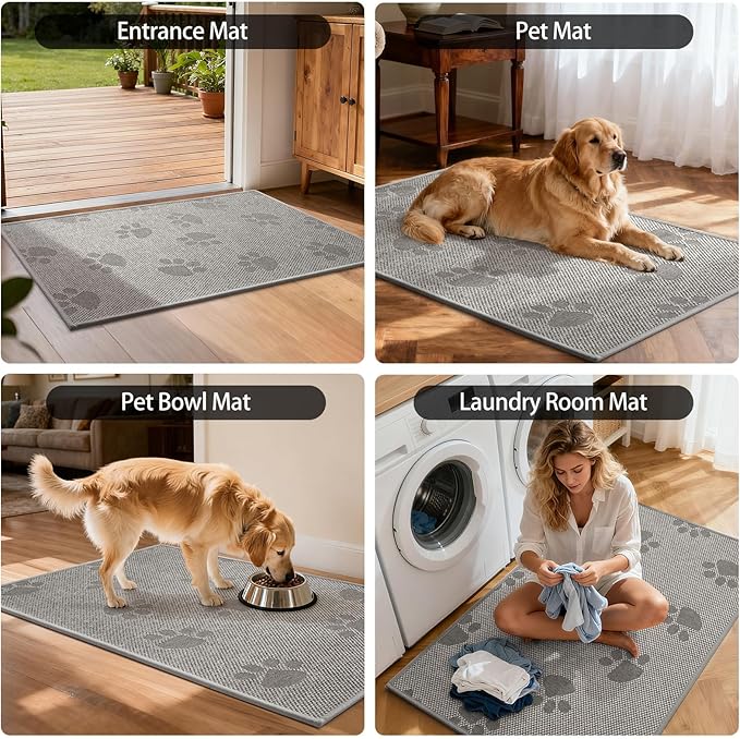 Door Mat Indoor Entrance 24"x35", 0.16" Thin Paw Print Low Pile Doormat, Non Slip Welcome Mat, Trap Dirt and Moisture, Easy Clean, Gray