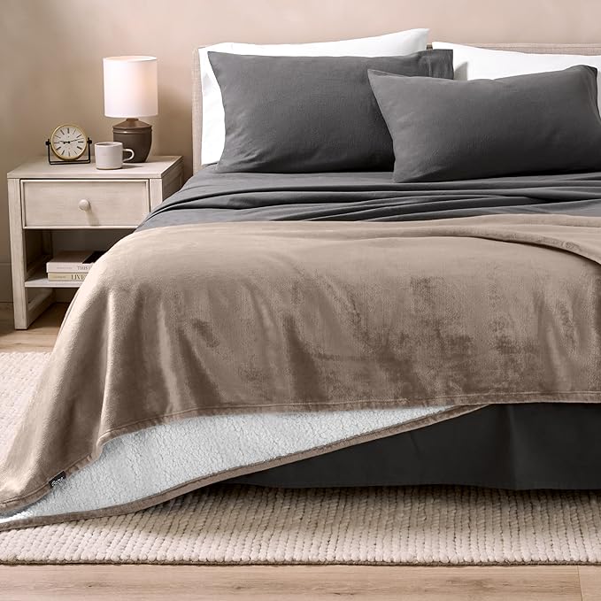 Bare Home Sherpa Fleece Blanket - Throw/Travel Size - Blanket for Bed, Sofa, and Couch - Warm & Lightweight - Fluffy & Soft - Reversible (Throw/Travel, Taupe)