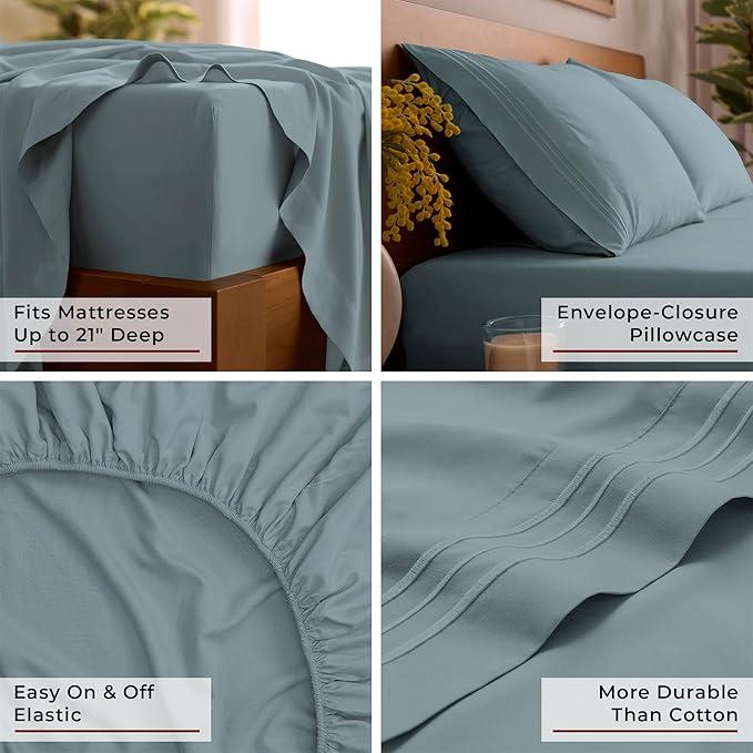 Mellanni California King Sheet Set - 6-Piece Iconic Collection Bedding, (Including 4 Pillowcases), 21-Inch Extra Deep Pocket, Easy Care, Ultra Soft, Cooling Sheets, Brushed Microfiber - Spa Blue