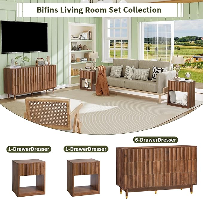 Fluted Dresser, Small Nightstands Set of 2, Walnut Bedside Table with Drawer and Storage, Mid Century Modern Side Table for Bedroom Sofa