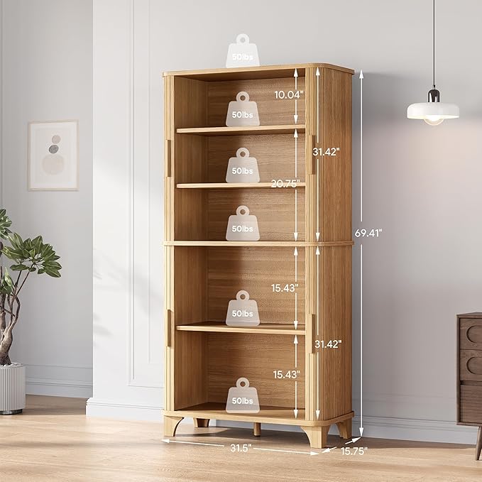 69" Tall Kitchen Pantry Storage Cabinet with Sliding Door, Modern Curved Edge Pantry Storage Cabinet with 5 Shelves, Cupboard for The Kitchen, Dining Room, Bedroom, Living Room, Office (Oak)