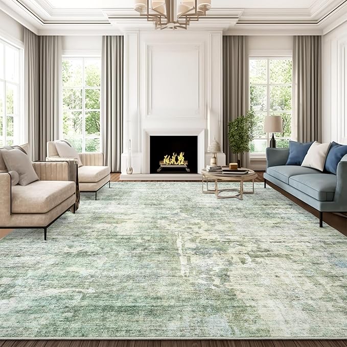 9x12 Area Rugs for Living Room, Non-Slip Machine Washable Vintage Rugs, Abstract Low Pile Lightweight Large Rug for Bedroom, Dining Room, Home Office Green Ivory