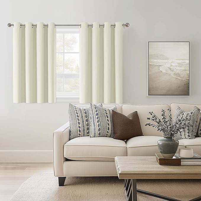 ChrisDowa 100% Blackout Iovry Solid Curtains 45 Inches Long 2 Panels for Bedroom Living Room,Farmhouse Room Darkening Thermal Insulated Soundproof Grommet Top Window Treatment Drapes,52x45