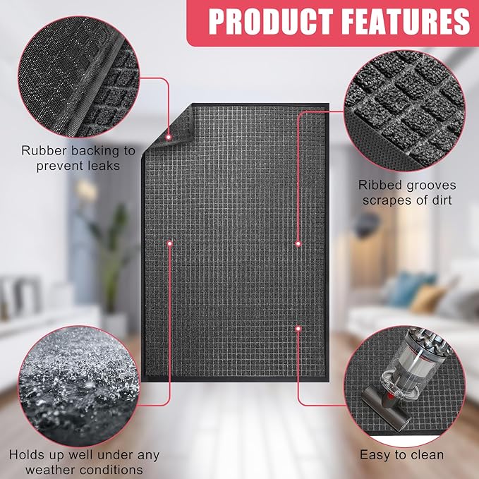 Kuyal Front Door Mat, 2'*4' Door Mat for Inside Outside Entrance,Waterproof Welcome Mats with Non-Slip Backing, Indoor Outdoor Entryway, Commercial Floor Mats, Durable & Easy to Clean, Dark Gray