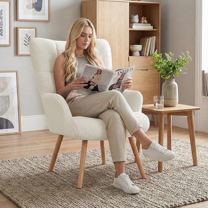 Joysoul Modern Accent Chair, High Back Arm Chair with Wood Legs Sofa Seat Teddy Fleece Fabric Reading Chair for Living Room Bedroom Waiting Room (White)