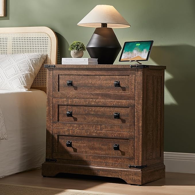 T4TREAM 32" Farmhouse Nightstand with Charging Station Set of 2, Large End Table with 3 Storage Drawers, Rustic Wood Bedside Table for Bedroom, Living Room, Reclaimed Barnwood Color