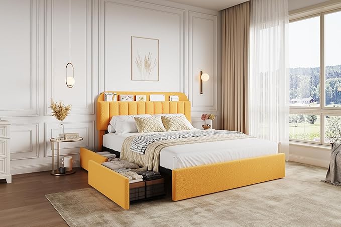 Jojoka Full Bed Frame with Storage Headboard and 2 Drawers, Boucle Upholstered Platform Bed, Modern Kids Full Bed Frames for Small Rooms, No Box Spring Needed, Easy Assembly, Yellow