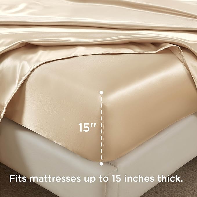 Bedsure Satin Sheets King Size - 4 Piece Silky Bedsheets with 15 Inches Deep Pocket Fitted Bedsheet,1 Flat Sheet, 2 Satin Pillowcases, Good for Hair & Skin (King, Champagne)