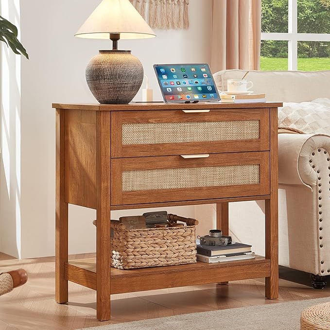 LEYAOYAO 31.5" Wide Rattan Night Stand with Charger Station, Oversized Large Boho Nightstand with 2 Drawer, Tea Brown Bed Side End Tables, Tall Bedside Table for Bedroom Living Room, Hallway