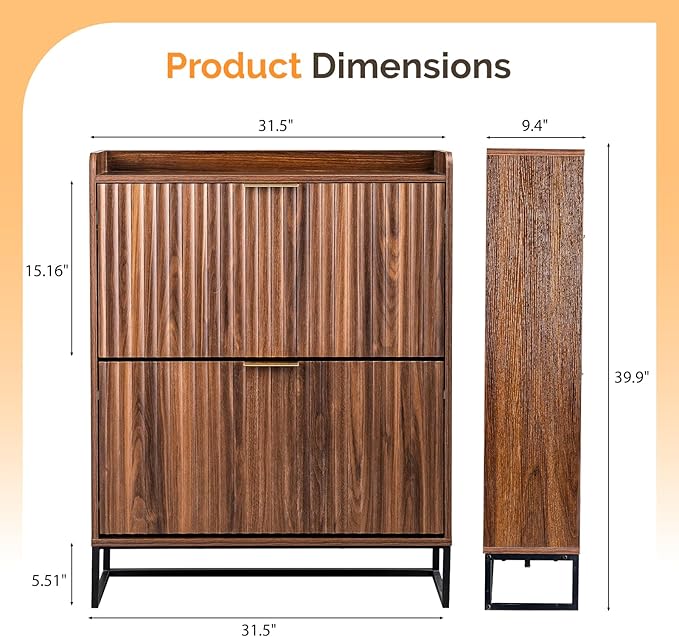 VINGLI Fluted Shoe Cabinet Storage for Entryway,Hidden Shoes Storage Cabinet with 2 Flip Drawers, Mid Century Modern Shoe Rack Organizer,Free Standing Shoes Organizer for Hallway(Dark Walnut)
