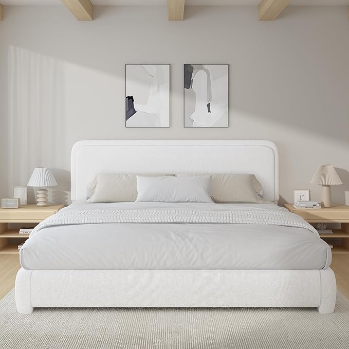 BarnFurin Boucle Upholstered California King Bed Frame/Soft Rounded Corners Headboard/Low Profile Bed Frame/No Box Spring Needed/White