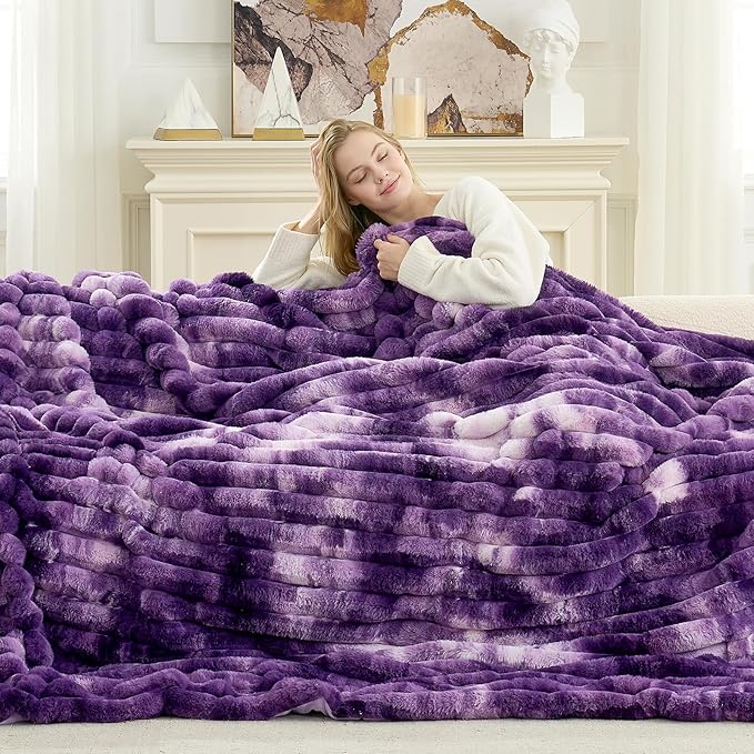 Cozy Bliss Faux Fur Throw Blanket for Couch, Cozy Warm Plush Striped Blanket for Sofa Bedroom Living Room, 108 * 90 Inches Tie-dye Purple