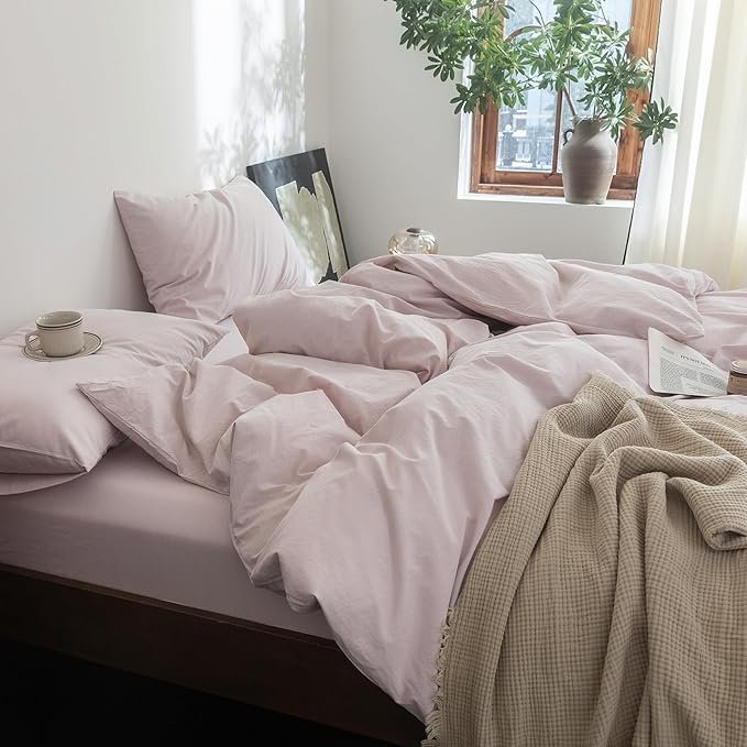 FOSSA Duvet Cover Set 100% Washed Cotton Linen Feel Super Soft Breathable Cozy 3 Pieces Bedding Sets Solid Greyish Pink Oversized King