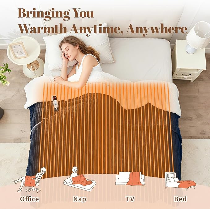 Electric Heated Blanket Full Size - 72"x84" Fast Heating Bed Blankets with 6 Heating Levels & 10 Hours Auto Off, Soft Ribbed Flannel Sherpa, Over-Heated Protection ETL, Navy Blue