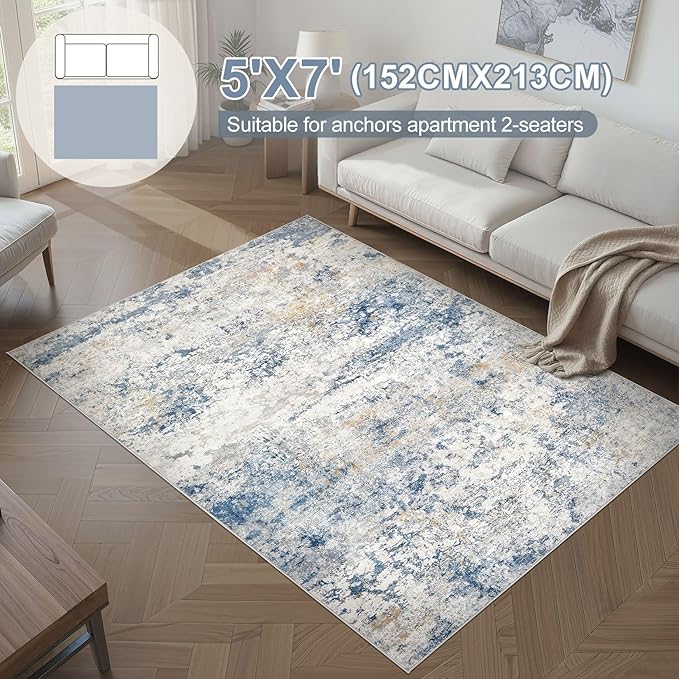 Area Rug Living Room Rugs - 5x7 Abstract Large Soft Indoor Washable Rug Neutral Modern Low Pile Carpet for Bedroom Dining Room Farmhouse Home Office - Blue