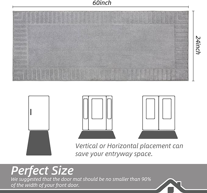BEQHAUSE Door-Mat-Non-Slip Dirt Trapper Door Mats Low-Profile Front Door Mat Absorbent Floor Mats for Entryway Washable Mud Resistant Home Entrance Doormat, Light Grey, 24"x60"