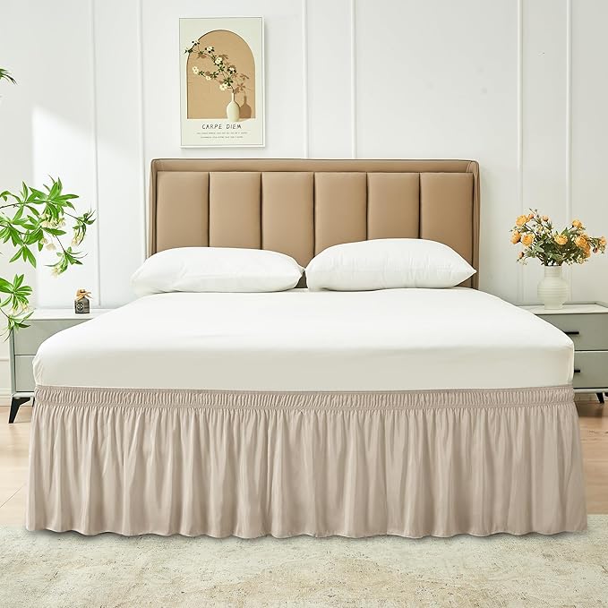 Biscaynebay Wrap Around Bed Skirts for Queen Beds 14" Drop, Light Camel Adjustable Elastic Dust Ruffles Easy Fit Wrinkle & Fade Resistant Silky Luxurious Fabric Solid Machine Washable