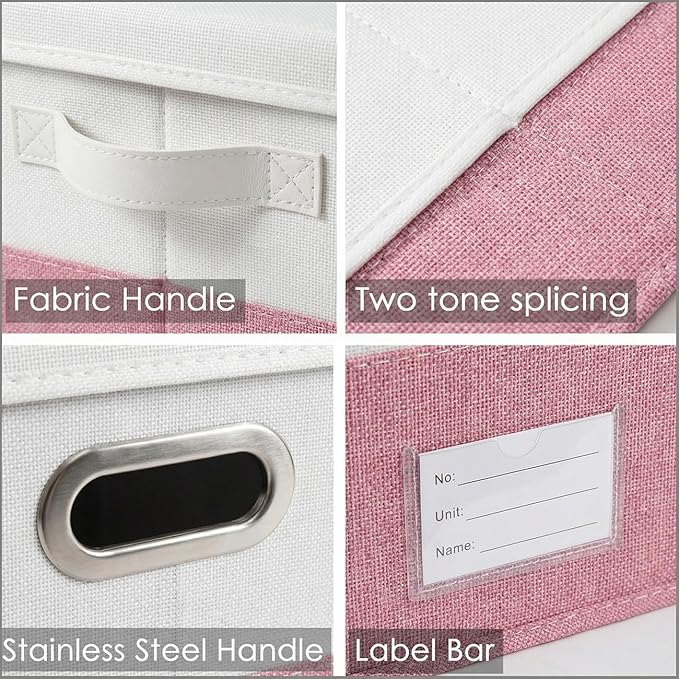 PRANDOM Collapsible Storage Bins with Lids [3-Pack] Linen Fabric Foldable Storage Boxes Organizer Containers Baskets Cubes with Cover for Bedroom Closet Nursery Pink&White (23.4X15.9X11.4)