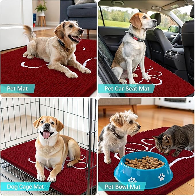 OLANLY Dog Door Mat for Muddy Paws 30x20, Paw Print Design, Absorbs Moisture and Dirt, Absorbent Non-Slip Washable Doormat, Quick Dry Chenille Mud Mat for Dogs, Entry Indoor Entryway Carpet, Red