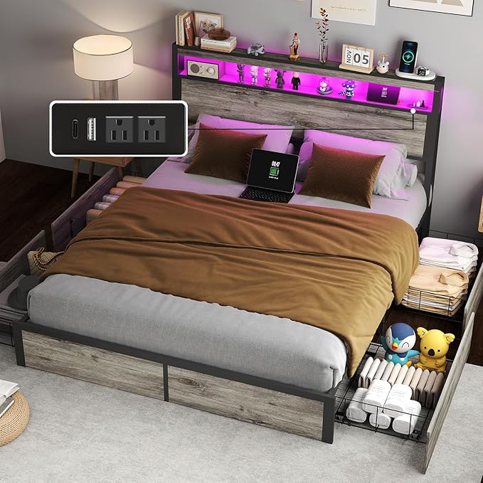 Queen Size Bed Frame with 4 Storage Drawers and Headboard with Charging Station and LED Lights,2 Tier Solid Wood Headboard Storage/Noise Free/No Box Spring Needed/Remote Control/Rustic Grey