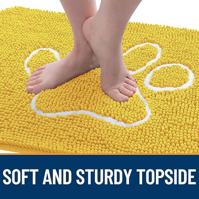 OLANLY Dog Door Mat for Muddy Paws 48x30, Paw Print Design, Absorbs Moisture and Dirt, Absorbent Non-Slip Washable Doormat, Quick Dry Chenille Mud Mat for Dogs, Entry Indoor Entryway Carpet, Yellow